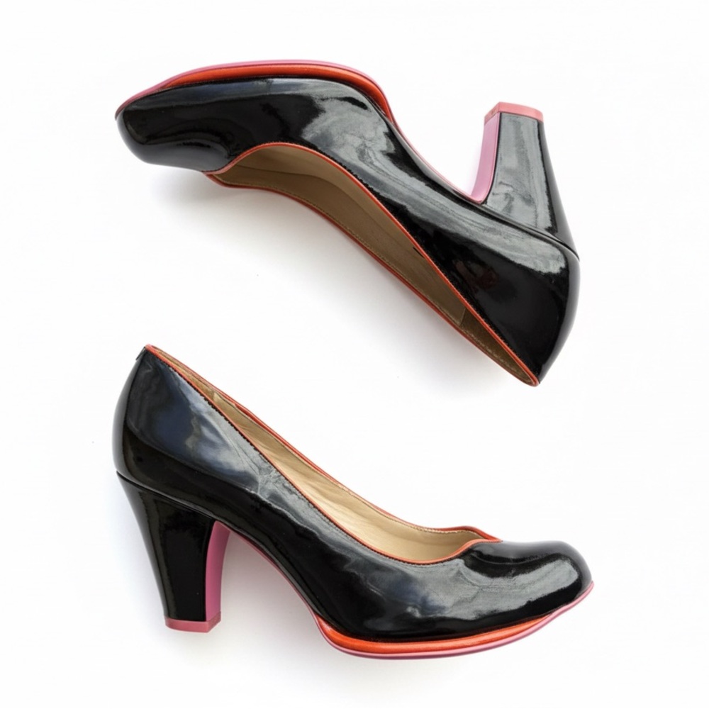Cristofoli | Black Pink Orange Genuine Patent Leather Women's Chunky Heels